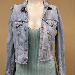 Distressed H&M x Coachella Official Collection Denim Blue Crop Jean Jacket 
