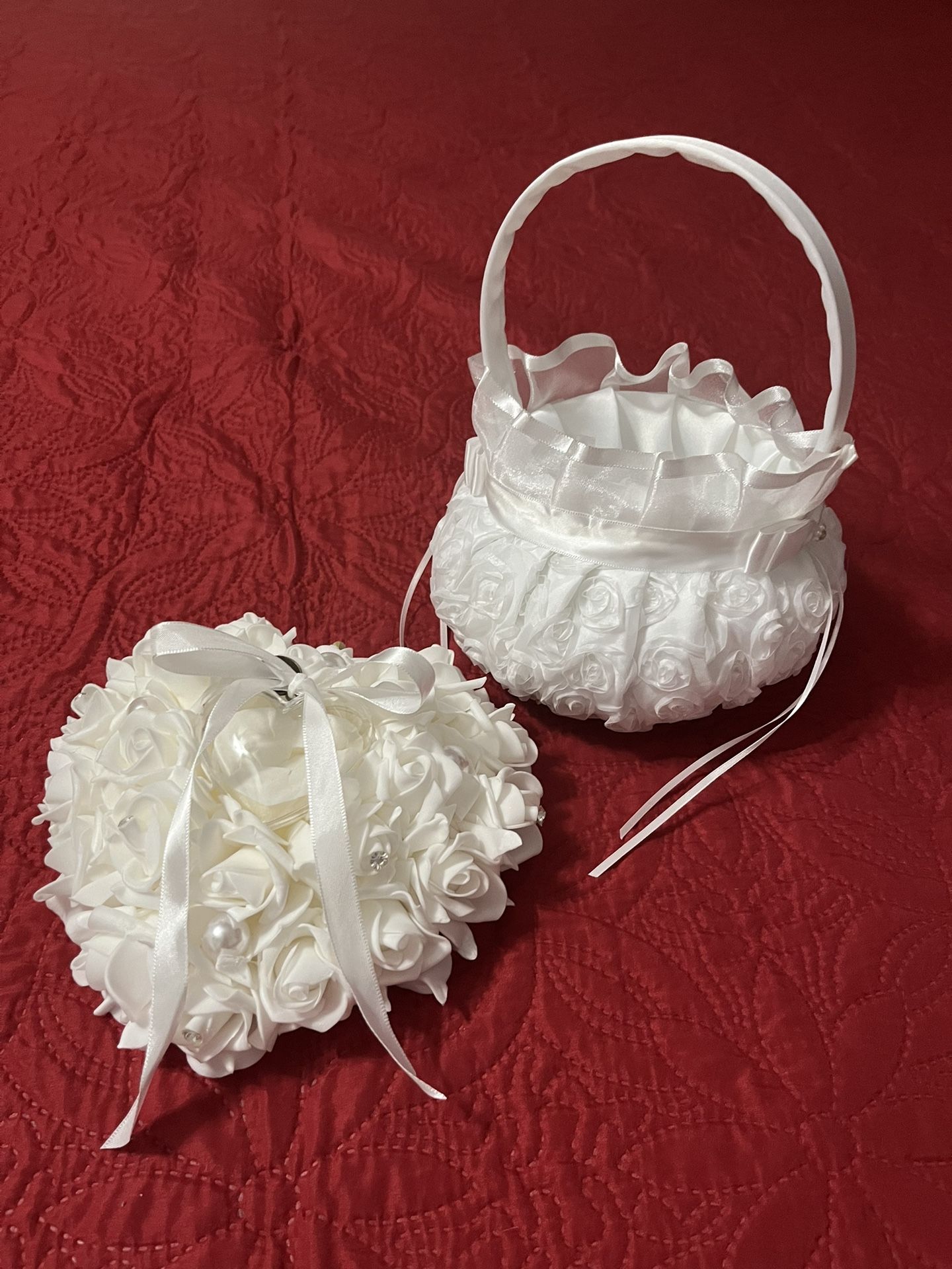 Set Heart Shaped Ring Cushion And Flower Girl Basket 