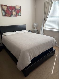Queen bed frame - fully upholstered with leather