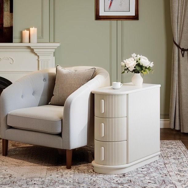 3-Drawer Wooden End Table, Modern Sofa Side Table, Narrow Chair Side Table Nightstand for Living Room, Bedroom, No Assembly Required, White