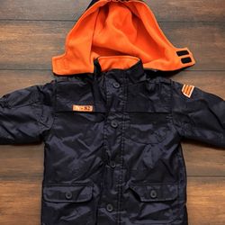 Little Boys Clothes Toddler Navy Blue Winter Jacket Coat With Orange Fleece Lining And Hood Size 18 Months Great For Snow, Rain, And Cold Weather 