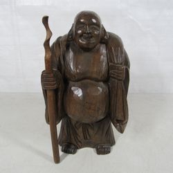 Buddha Arihant With Stick & Bag Hand Crafted Wood Sculpture 9" Tall
