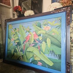 Balinese Handpainted Art with Carved Wood Frame