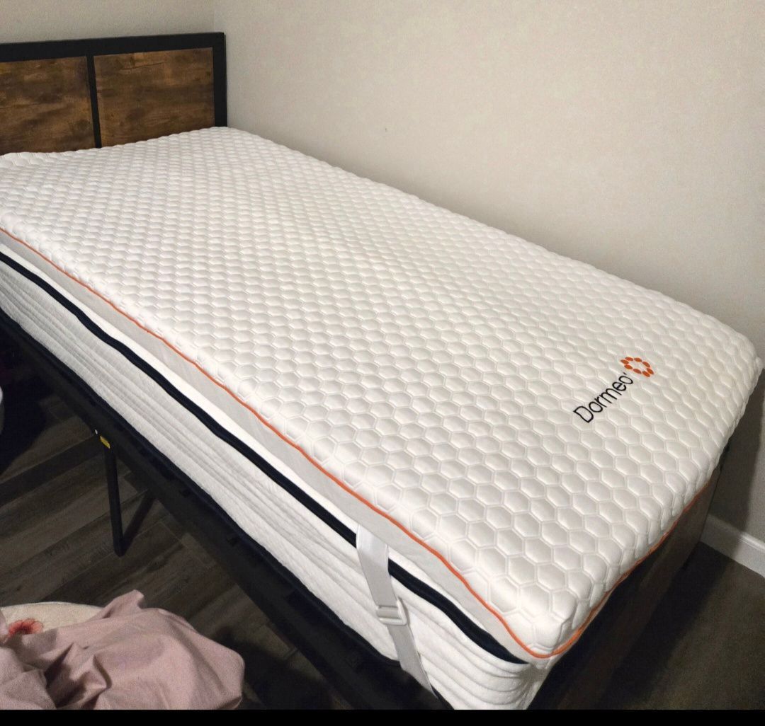 Twin bed frame, mattress and mattress topper