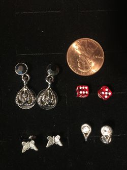 4 Pairs of Pierced Posts Earrings, Sterling Butterfly, Heart, Teardrop, Dice
