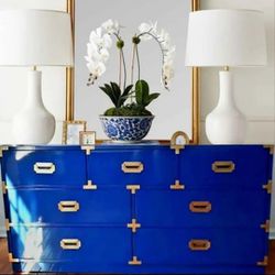 Mcm Midcentury Modern campaign-style vintage dresser with seven drawers made by Bernhardt Furniture with Chrome hardware