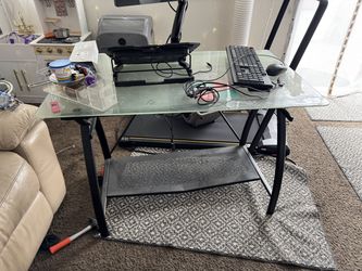 Desk, aoc monitor with mount to desk, keyboard with mouse