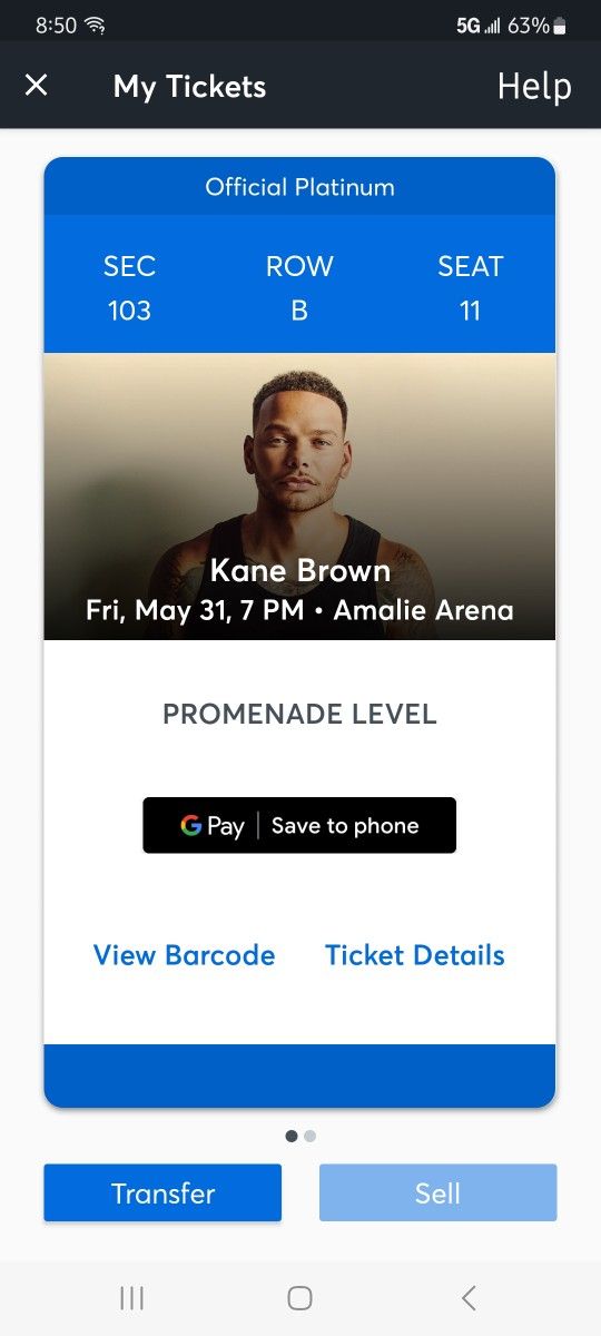 KANE BROWN TICKETS 2 FOR SALE