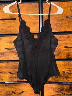 Black Ribbed Lace Trim Bodysuit