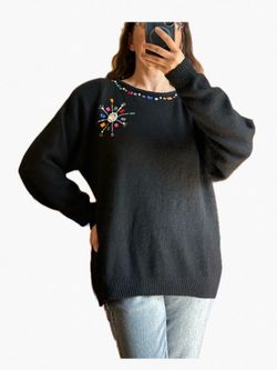 Vtg Victoria Jones Beaded Sweater Black Silk Angora Holiday Jeweled 80s 90s L M