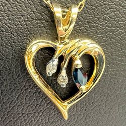 14k yellow gold diamond sapphire heart pendant charm