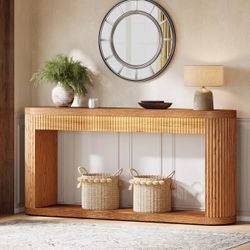 63" Oval C-ons-ole T-able For E-ntry-way, Narrow Wood E-ntry D-esk Behind Couch For Entrance, Hallway,