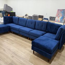 143”7 - seater U-Shaped Modular Sectional Sofa, Solid wood legs,Chenille Couch with Movable Ottoman, Couches for Living Room,Bedroom and Apartment,Blu