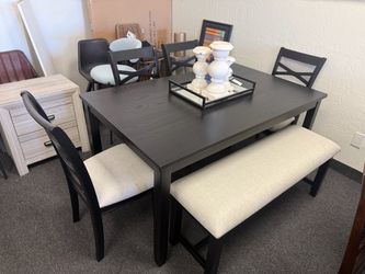 Dark Wood Dining Table Set with Chairs and Bench