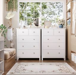Set of 2pcs White Dresser of 5 Drawers, Dresser Chest with Easy Pull Handle for Bedroom, Living Room