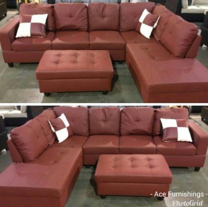 Brand New Red Leather Sectional With Storage Ottoman & 2 Decorative Pillows