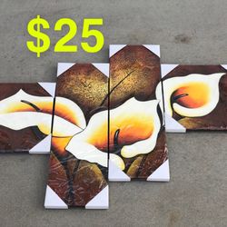 Brand New. 4 piece Canvas Floral Art. Sealed in Box. $25