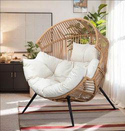 Outdoor Wicker Egg Chair PE Rattan Chair with Cushion, Oversized Patio Lounge Chair for Outdoor, Indoor, Balcony, Backyard, Garden, Beige