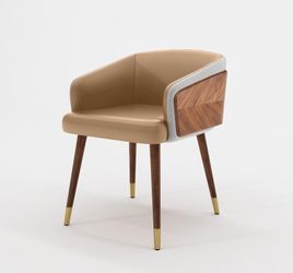 Set of 2, Mid Century Modern Dining Chair, Faux Leather with Walnut,Uphoolsted Accent Arm Chair,Sitting Chair with Wooden Gold Metal feet,for Living R