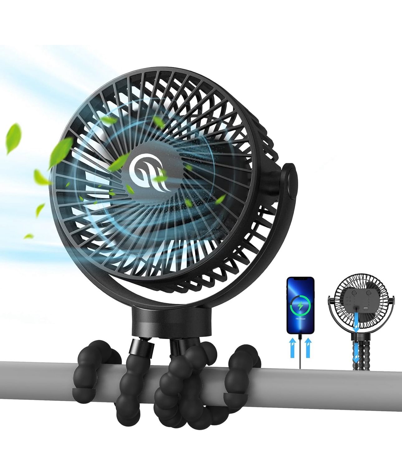 Stroller Fan, 60Hrs 12000mAh Battery Operated Fans USB Rechargeable Small Fan for Bedroom, Desk, Personal Handheld, Clip on Fans for Baby Stroller, Tr