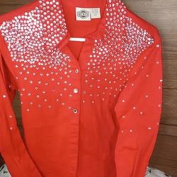Rod’s Womens Rhinestone Embellished Western Show Shirt Vintage Red