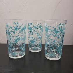 Glass Tumblers Atomic Age/ MCM  Pinwheel Turquoise & White  10 oz Lot Of 3 (E)
