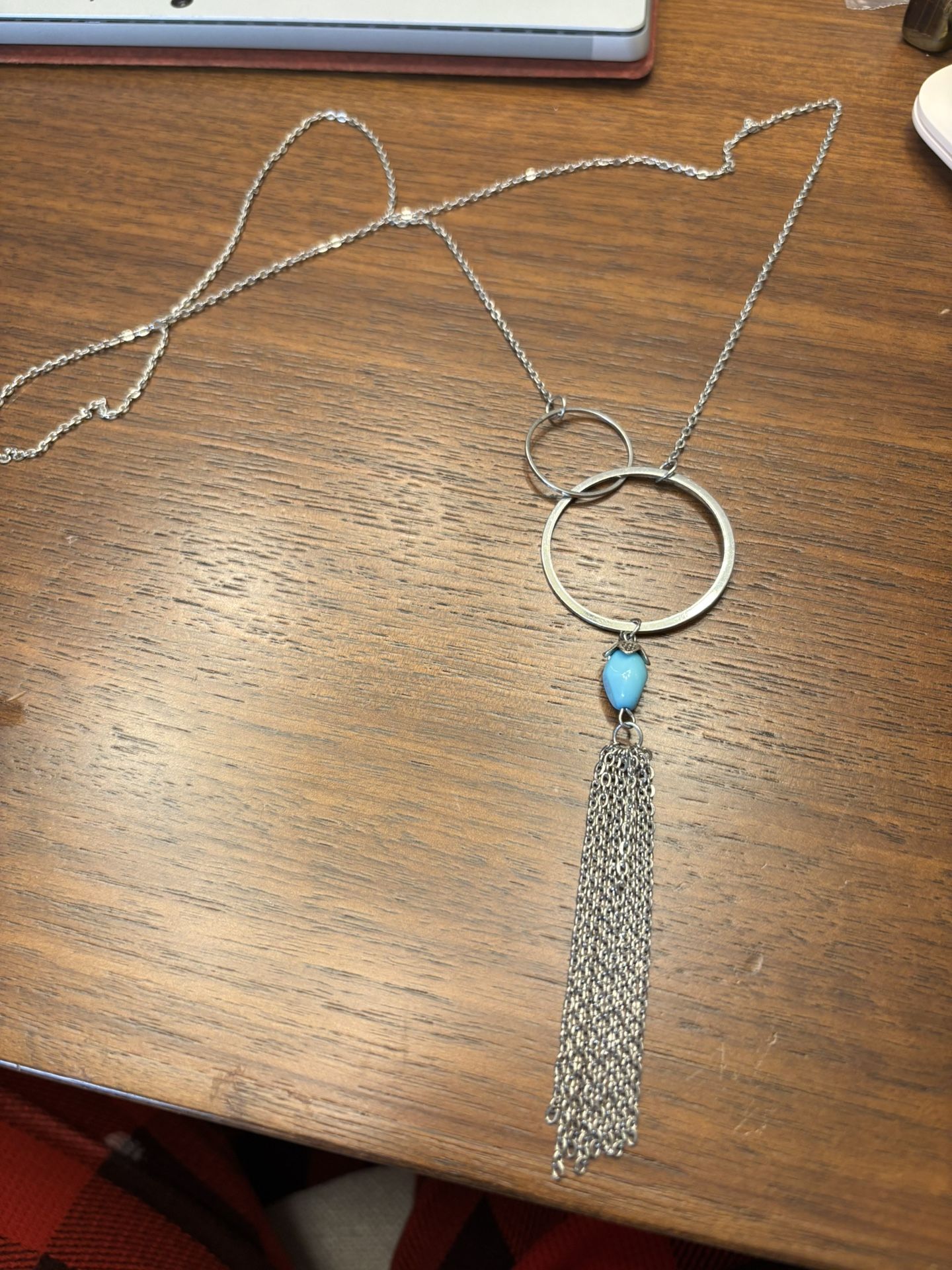 Super long silver necklace, new geometric circles with turquoise Tassel