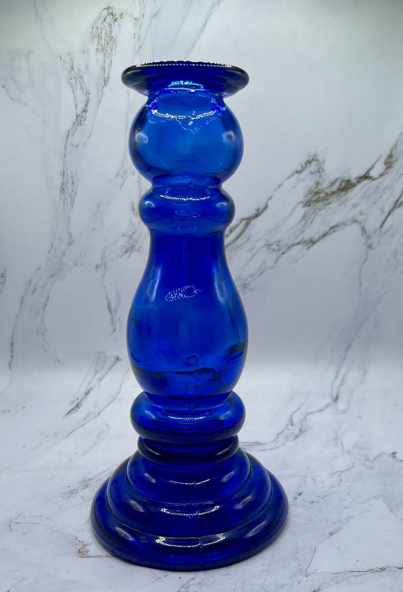 Vintage Recycled Glass Blue Cobalt Candlestick Vase Spain