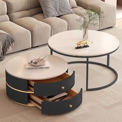28 Inch Modern Coffee Table with Metal Frame and Drawer Set of 2 for Living Room, Bedroom and Balcony, Contemporary Style (Black)