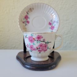 Vintage Tea Cup and Saucer Japan Gold Rim Cherry Blossom Flower.