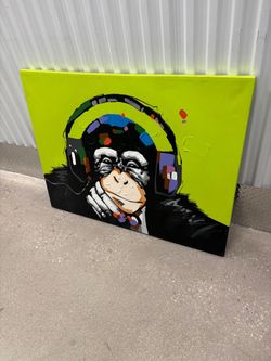 Banksy Monkey Listen to Music Wood frame Canvas Painting Stylish, Bedroom , Office , Bar Restaurant Decor 45” x 35” $40