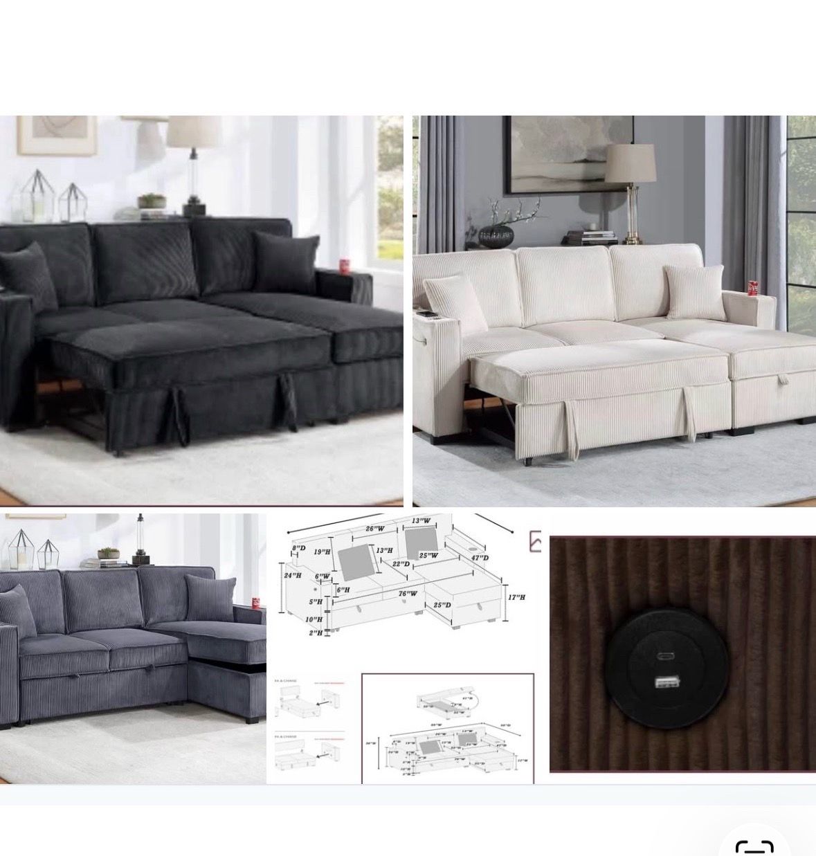 $380 . 2-P Convertible Sectional Sleeper Sofa W/ Cupholder Sofa Storage & USB Ports 89”x 59”X36”H