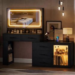 Black Makeup Vanity Desk with Mirror and Lights & Charging Station, 3 Color Modes & Adjustable Brightness Dressing Table, Corner Vanity, L Shape Chang