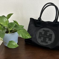Tory Burch Black Nylon and Patent Leather Large Double Handle Tote Bag