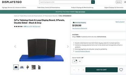 54”W Table Top Hook&Loop Display Board $30