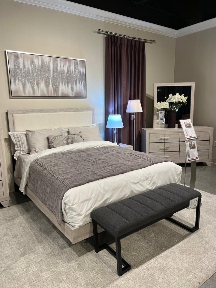Contemporary Queen bedroom set features modern style with rustic charm