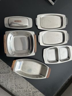 Selandia Stainless Steel Dish Tray Teak Handles/1969 Cordova Stainless Steel Trays