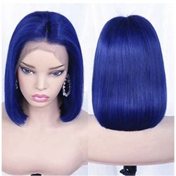 Biena Colored Bob Wig Human Hair 13x4x1 Lace Front T Part Short Straight 9A Brazilian Hair 180% Density Glueless Blue Wig for Black Women(8 inches)