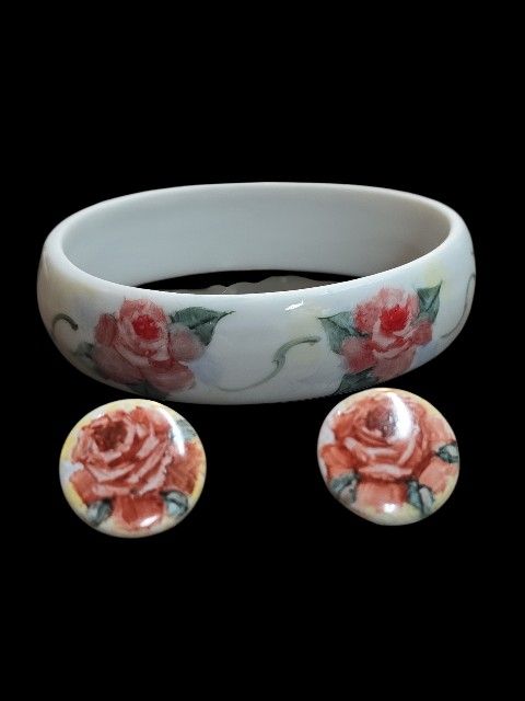Vintage Ceramic Rose Bracelet & Earrings Set 