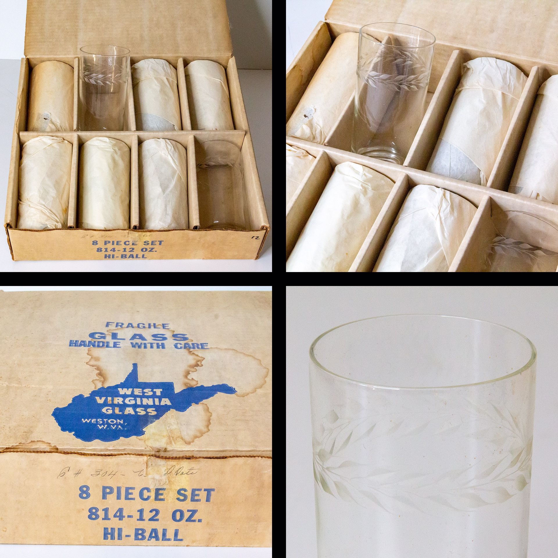 West Virginia Glass Weston WV 8 Piece Set #814 12oz High Ball Glasses Wheat Pattern