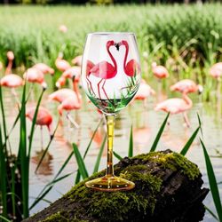 (1)One Single Pink Flamingo Green Foliage Wine Glass 8-3/8”Artisan Hand Painted. The image features a hand-painted artisan flamingo wine glass, likely