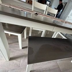 Dining Table With 4 Chairs One Bench- Grey And White 