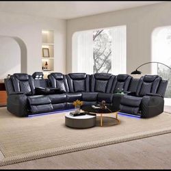 Power Electric Black Leather Reclining Sectional Couch 
