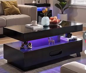 Black Coffee Table with LED Lights and Drawer
