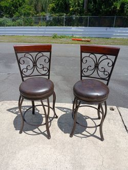 American Billiards swivel stools ornate iron leather and wood bar chair