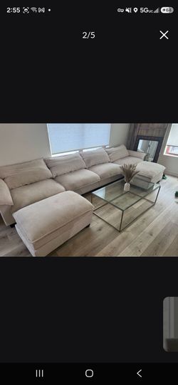 Large Beige Fabric Sectional Sofa with Ottoman