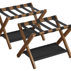 Luggage Rack, Set of 2, Folding Suitcase Stand with Storage Shelf, for Guest Room, Hotel, Bedroom, Heavy-Duty, Holds up to 131 lb, Walnut Brown URLR00