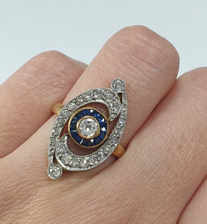 Vintage Art Deco 18K Gold Platinum Ring Natural Diamonds & French Cut Sapphires