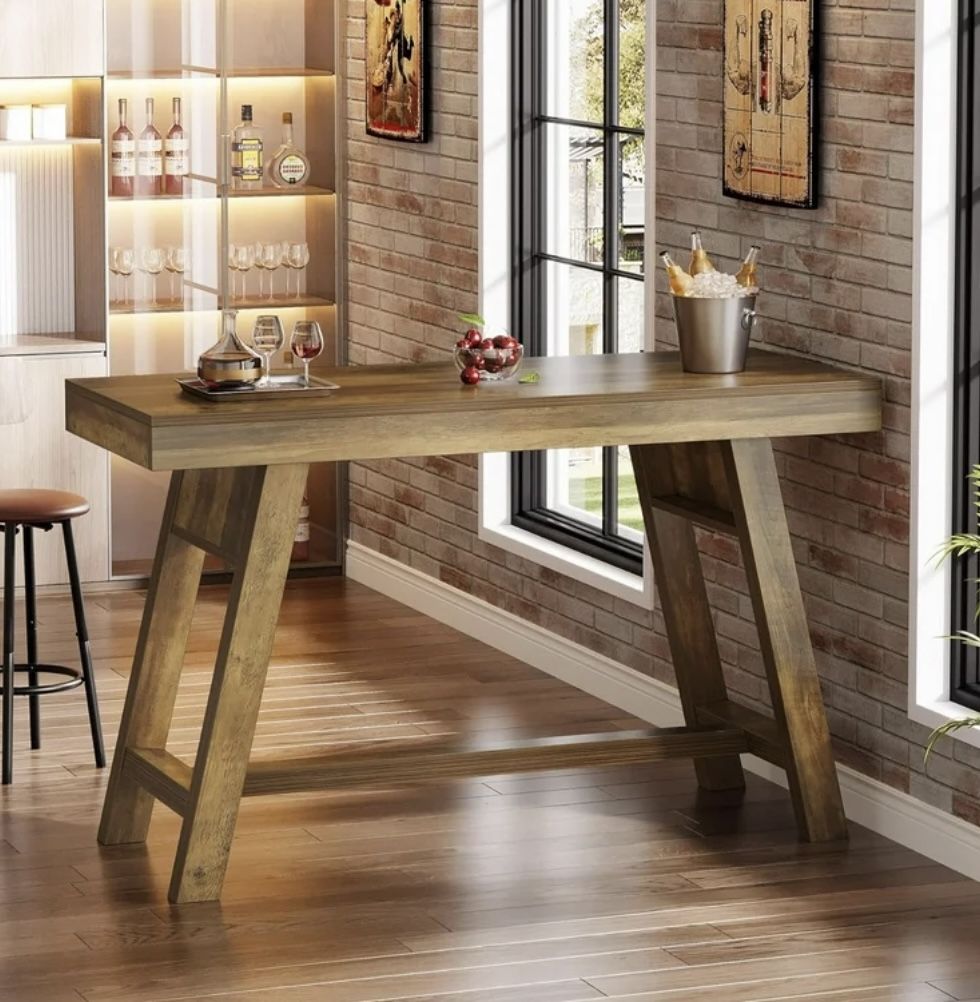 New assembled YS0363 55.12-Inch Bar Table, Rectangular Home Bar Unit with Stable Trestle Legs for Home Kitchen, Balcony, Rustic Brown