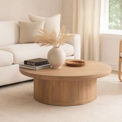 Bela Coffee Table | 47 Inch Round Top | Handcrafted Beige Mango Wood Pedestal Base By The Urban Port - Beige / Mango Wood / 47 L x 47 W x 15.5 H Inche